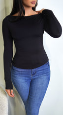 Rhylie Basic Boat Neck Long Sleeve Top in Black full length front view on model