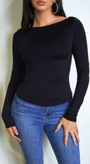 Rhylie Basic Boat Neck Long Sleeve Top in Black back view on model