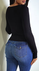 Rhylie Basic Boat Neck Long Sleeve Top in Black close-up of fabric and construction