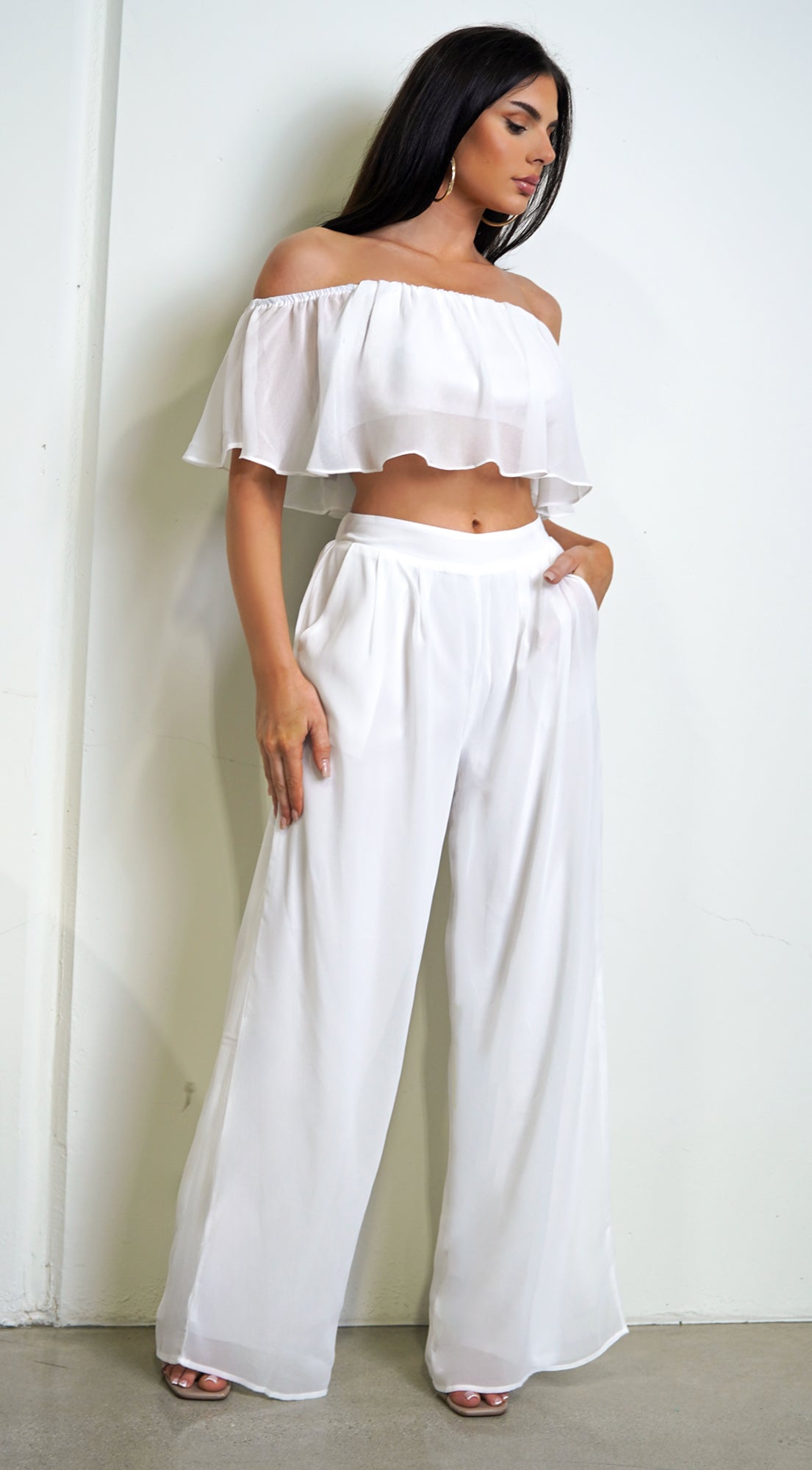 Matilda White Off Shoulder Wide Leg Pant Set