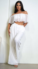 Matilda White Off Shoulder Wide Leg Pant Set