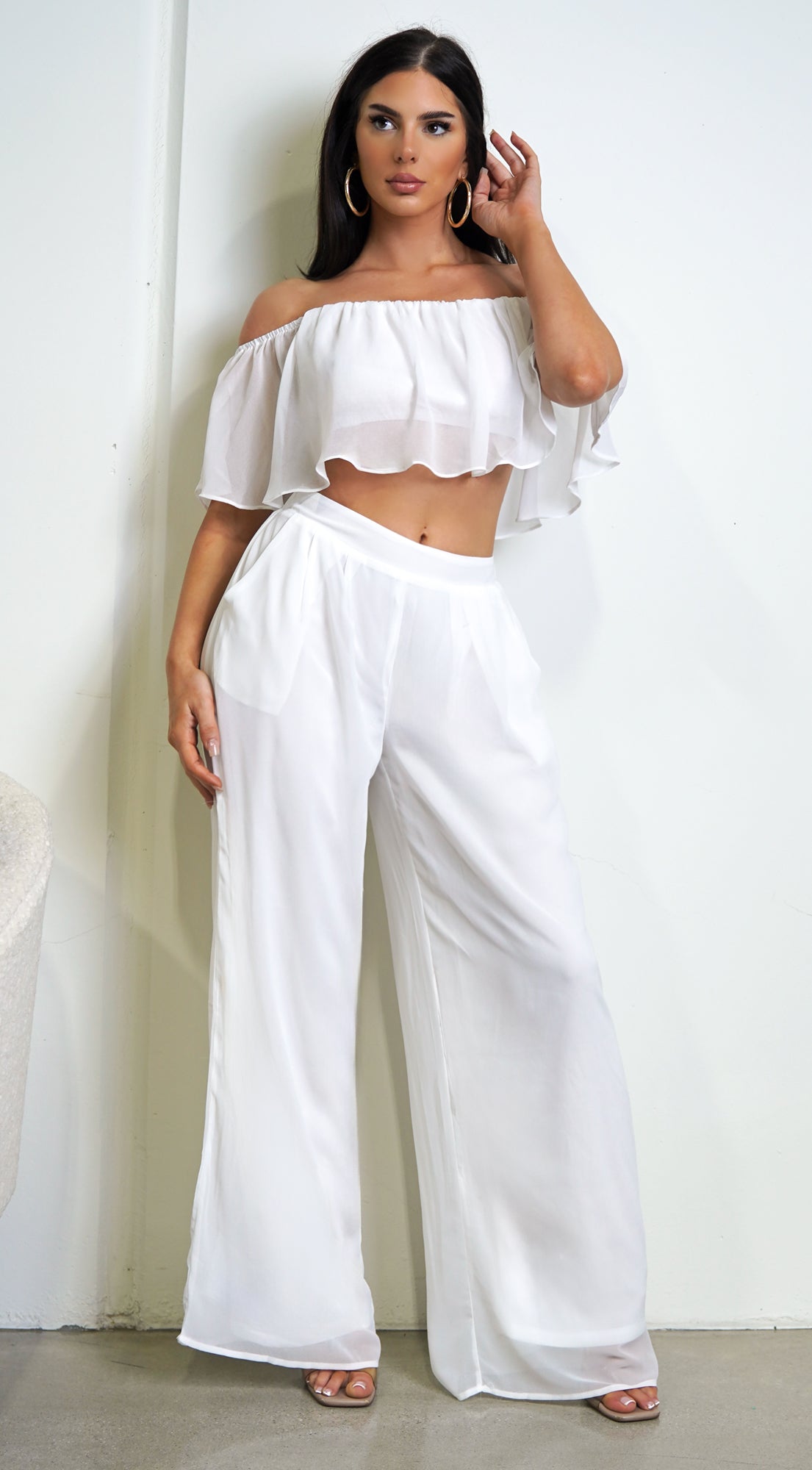 Matilda White Off Shoulder Wide Leg Pant Set