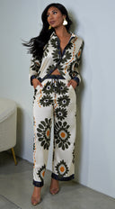 Vivaan Floral Print Satin Set in Cream close-up of satin fabric