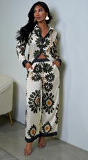 Vivaan Floral Print Satin Set in Cream side profile view on model