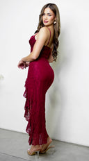 Rosyne Lace Drape Maxi Dress in Burgundy Red full length three-quarter angle