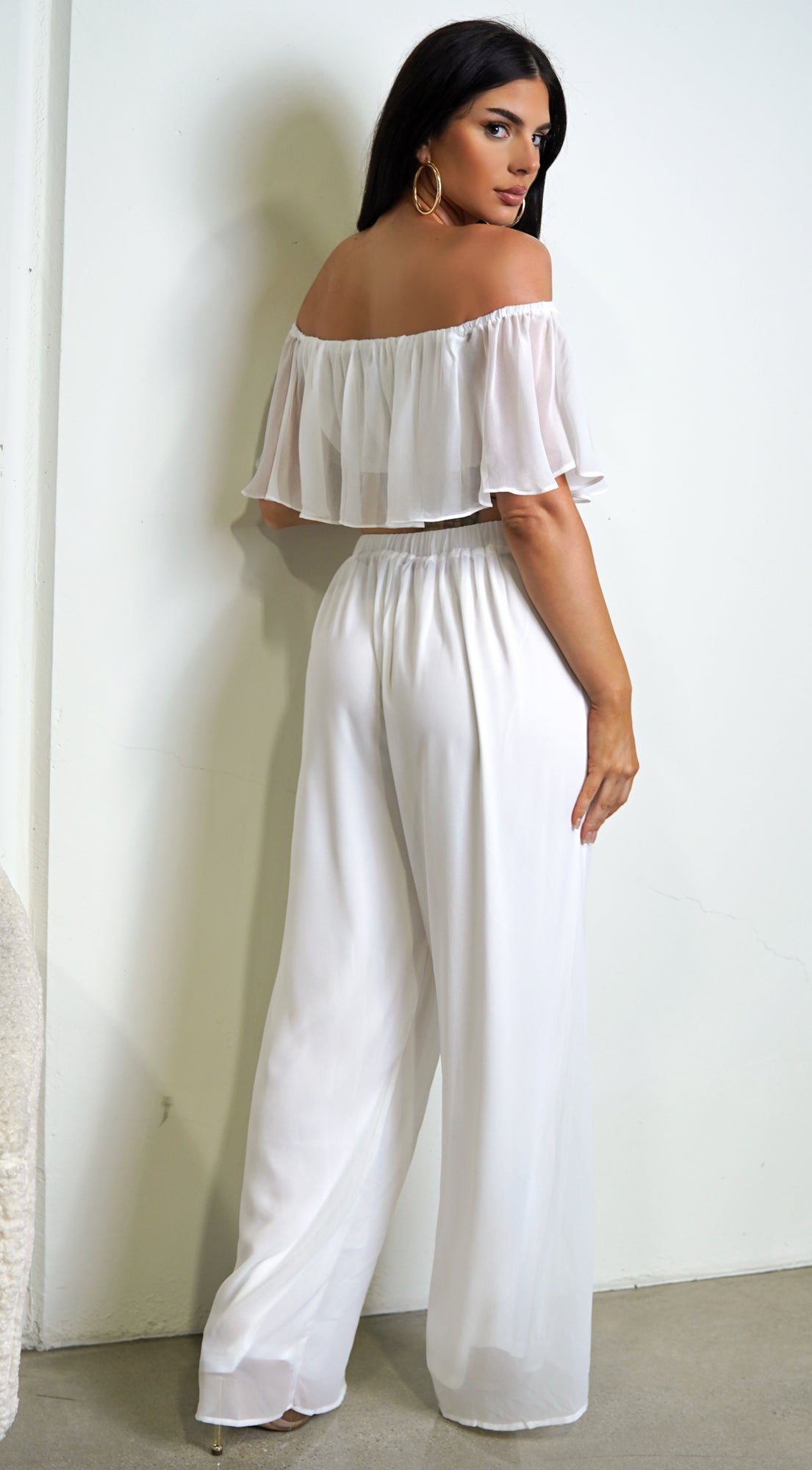 Matilda White Off Shoulder Wide Leg Pant Set