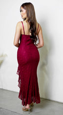 Rosyne Lace Drape Maxi Dress in Burgundy Red fabric drape close-up hemline and silhouette detail