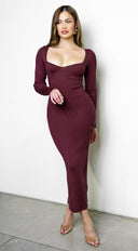 Noirelle Ribbed Midi Dress - Burgundy Red