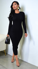 Alexandra Long Sleeve Knit Cable Midi Dress - Black