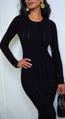 Alexandra Long Sleeve Knit Cable Midi Dress - Black