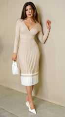 Evelisse Long Sleeve Surplice Contrast Midi Dress - Beige