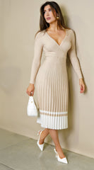 Evelisse Long Sleeve Surplice Contrast Midi Dress - Beige