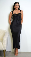 Dilara Black Satin Embroidered Maxi Dress styled outfit flat lay