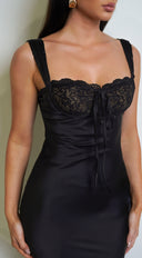 Dilara Black Satin Embroidered Maxi Dress back view on model