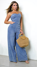 Halo Strapless Wide Leg Denim Jumpsuit - Blue