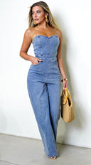 Halo Strapless Wide Leg Denim Jumpsuit - Blue