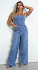 Halo Strapless Wide Leg Denim Jumpsuit - Blue
