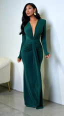 Leilani Metallic Ruched Deep V Maxi Dress Green | Emprada Leilani Metallic Ruched Deep V Maxi Dress Green | Emprada