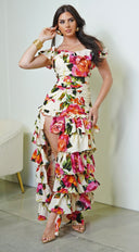 Eivissa Floral Off Shoulder Ruffle Tier Maxi Dress - Ivory
