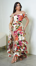 Eivissa Floral Off Shoulder Ruffle Tier Maxi Dress - Ivory