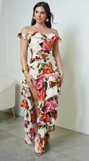 Eivissa Floral Off Shoulder Ruffle Tier Maxi Dress - Ivory