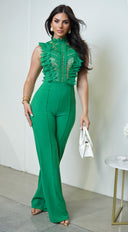 Vanna Crochet Flared leg Jumpsuit in Kelly Green hemline and silhouette detail