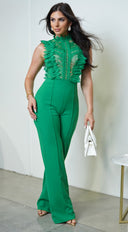 Vanna Crochet Flared leg Jumpsuit in Kelly Green back view on model