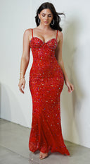 Barletta Rhinestone Multi Gem Studded Maxi Dress in Red close-up of rhinestone accents