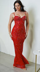 Barletta Rhinestone Multi Gem Studded Maxi Dress in Red hemline and silhouette detail