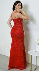 Barletta Rhinestone Multi Gem Studded Maxi Dress in Red styled outfit flat lay