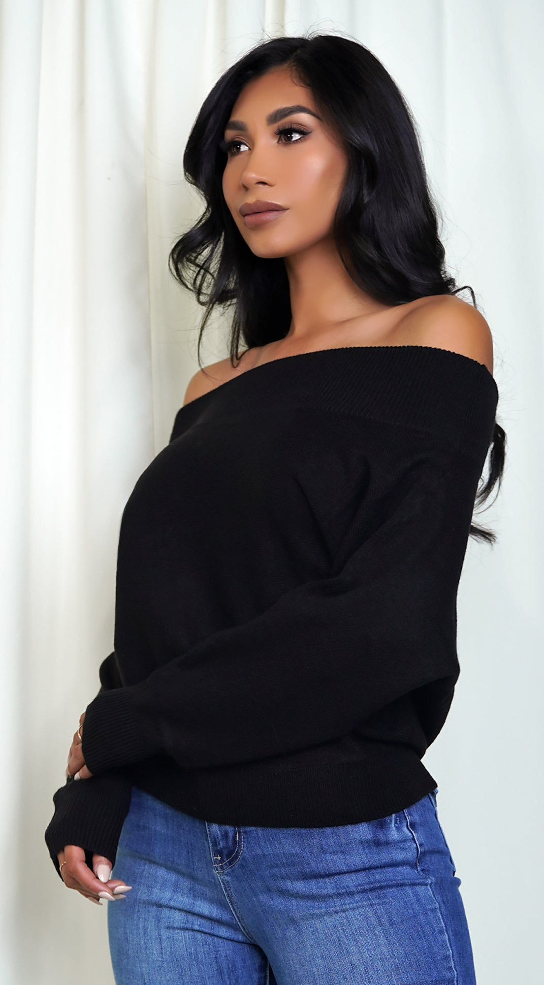 Anaya Black Off Shoulder Dolman Sleeve Sweater Top