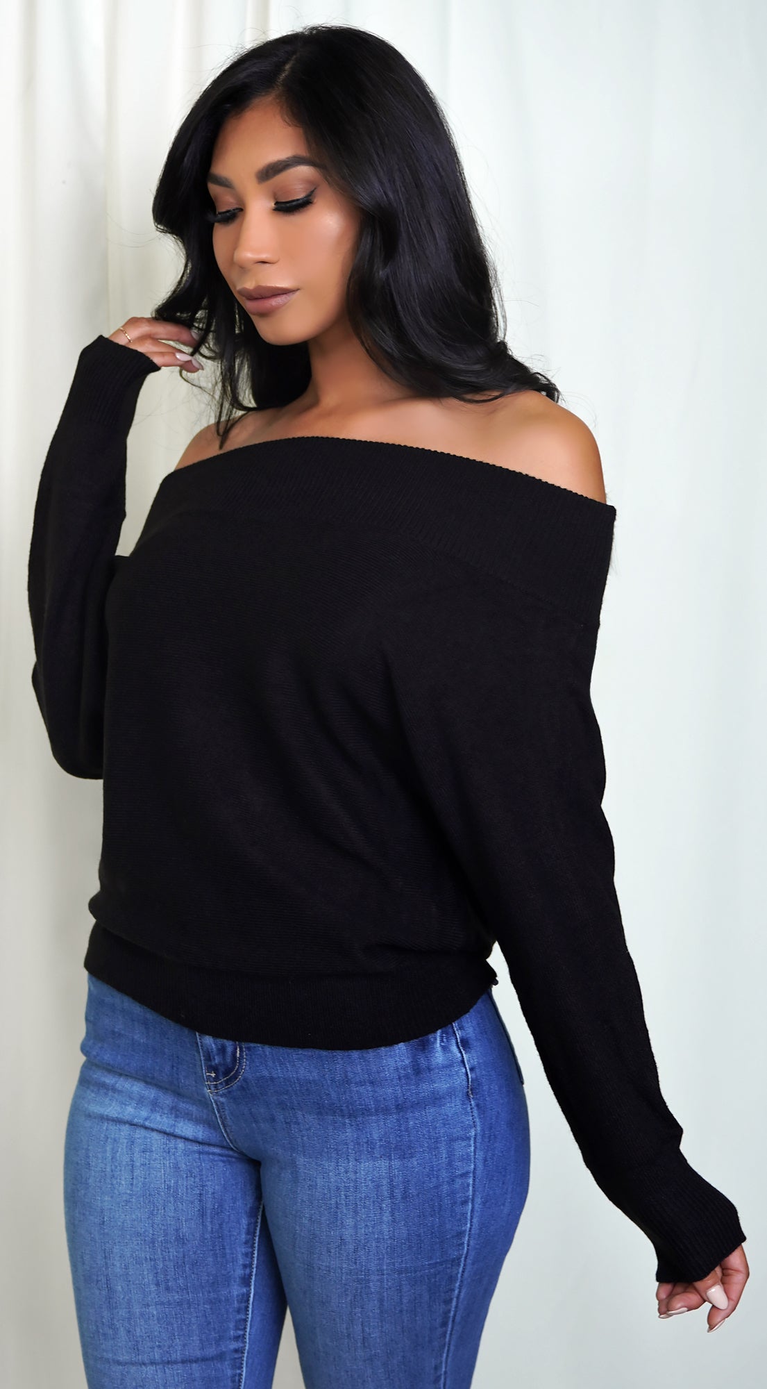 Anaya Black Off Shoulder Dolman Sleeve Sweater Top