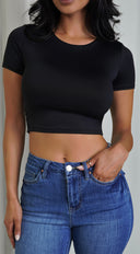 Livia Black Crop Top full length front view on model
