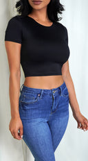 Livia Black Crop Top styled outfit flat lay
