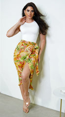 Sunset Multi Wrap Tropical Print Midi Skirt - Yellow