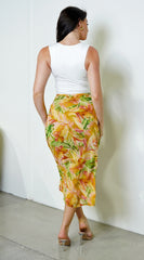 Sunset Multi Wrap Tropical Print Midi Skirt - Yellow