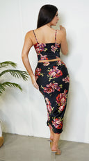 Freya Black Red Rose Floral Print Lace Satin Set side profile view on model