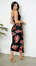Freya Black Red Rose Floral Print Lace Satin Set styled outfit flat lay
