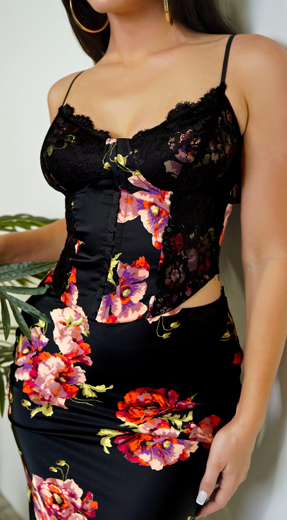 Freya Black Red Rose Floral Print Lace Satin Set