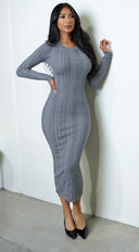 Alexandra Long Sleeve Knit Cable Midi Dress in Gray side profile view on model