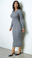 Alexandra Long Sleeve Knit Cable Midi Dress in Gray close-up of ribbed knit texture