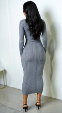Alexandra Long Sleeve Knit Cable Midi Dress in Gray back view on model