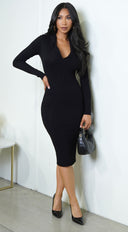 Samaira Collared Ribbed Midi Dress - Black