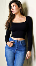 Lunel Square Neck Long Sleeve Crop Top - Black