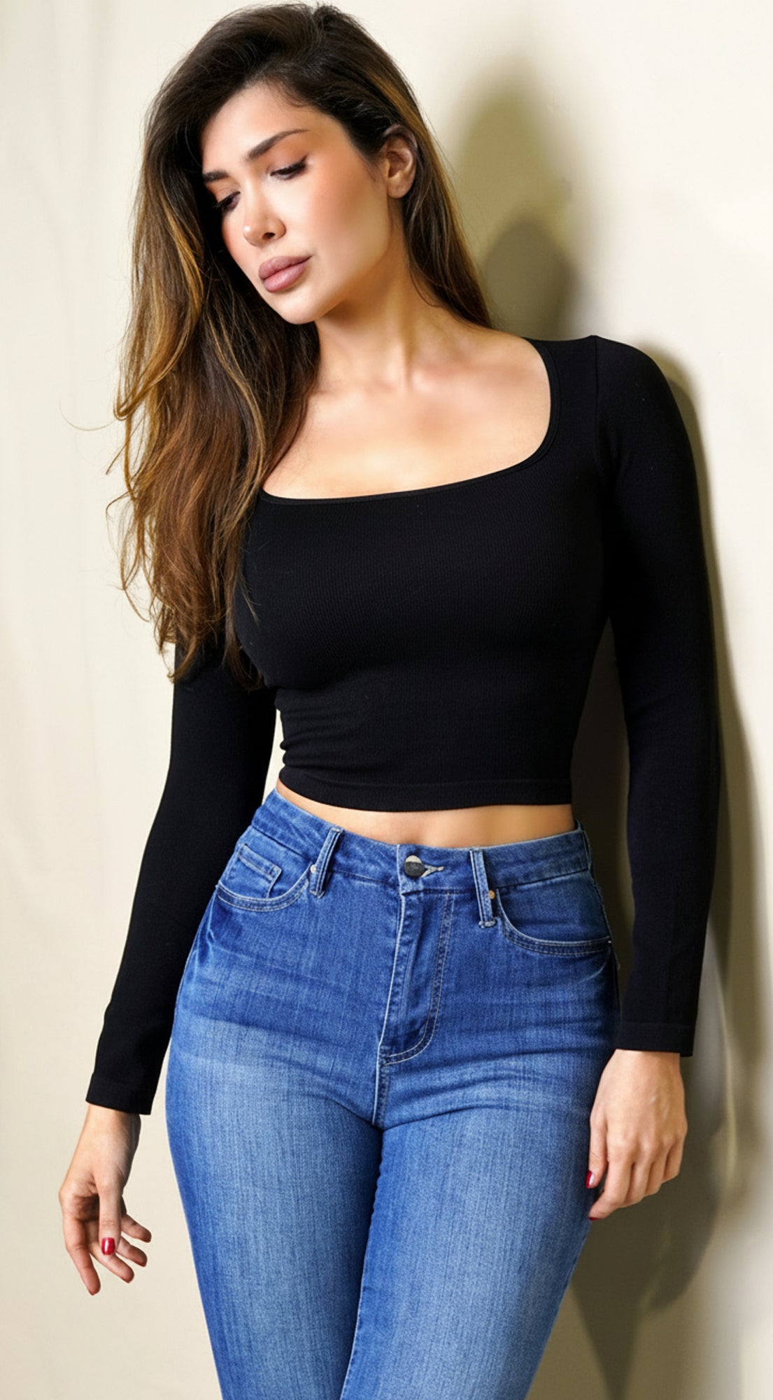 Lunel Square Neck Long Sleeve Crop Top - Black