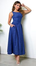 denim material dresses Blue Meli Women's Waisted Lightweight Denim Dress 3/4 Sleeve Maxi Shirt Dress - Size 0