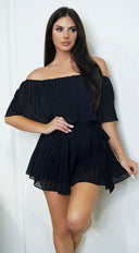 Jazmin Off Shoulder Pleated Romper in Black close-up of off-shoulder neckline