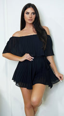 Jazmin Off Shoulder Pleated Romper - Black