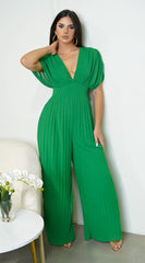 Selene Green V Neck Pleated Jumpsuit