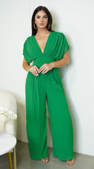 Selene Green V Neck Pleated Jumpsuit